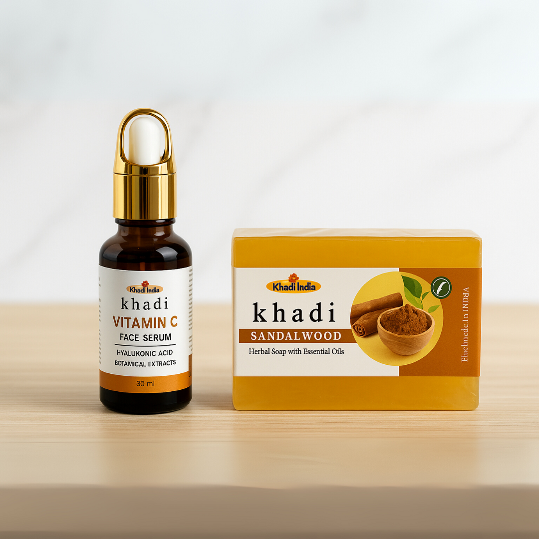 Khadi India Skin Care Combo – Vitamin C Face Serum & Sandalwood Herbal Soap